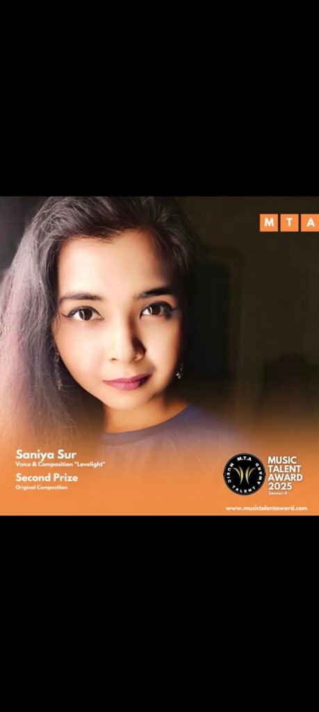 Saniya Sur receiving Second Prize at Music Talent Award 2025 Season 4 for original composition Lovelight