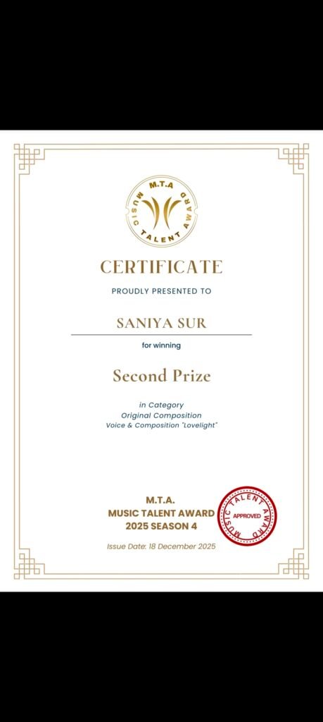 Music Talent Award 2025 Season 4 certificate awarded to Saniya Sur for Second Prize in Original Composition